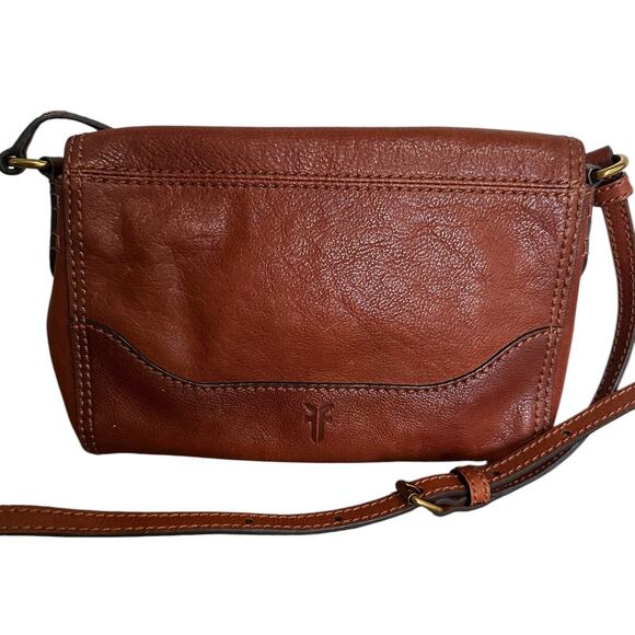 FRYE Crossbody Leather Purse Melissa Brown Double Zip Fold Over Flap - Picture 1 of 10